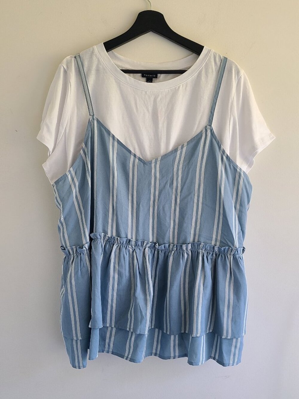 NWT Torrid Top 2 2x Blue While Peplum Challis Ruffle Cami Spring Summer Striped